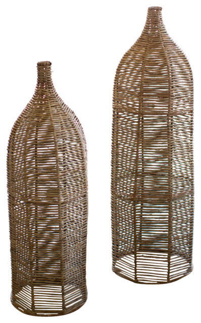 Tall Decorative Bottles 2-Piece Set Natural Woven Seagrass/Metal