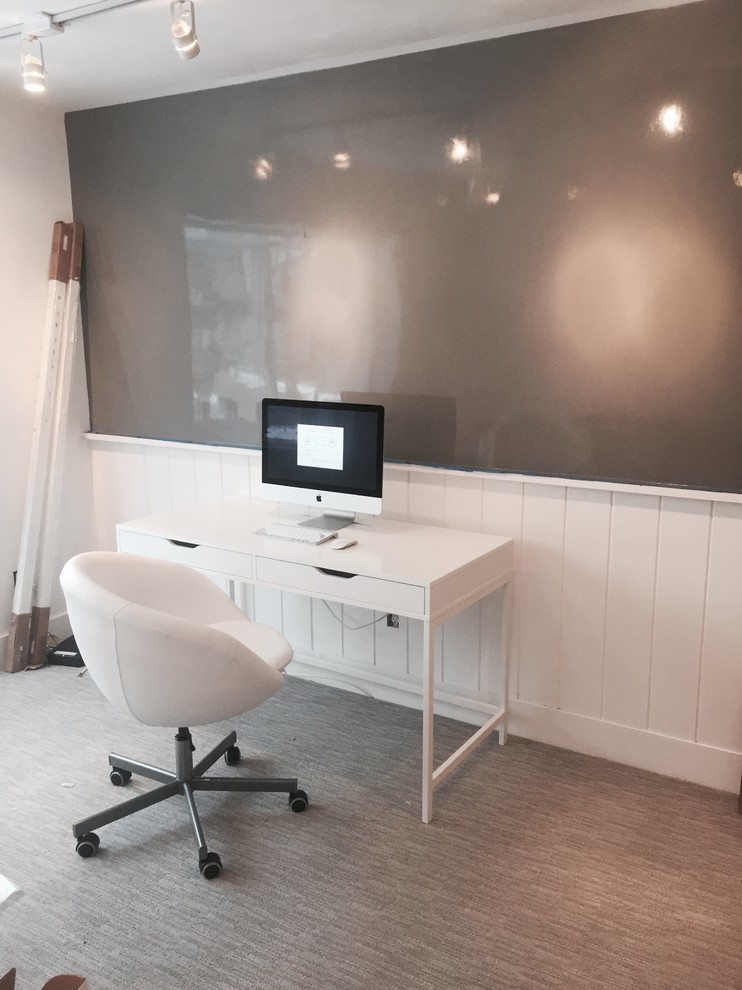 Study room - mid-sized modern freestanding desk study room idea in New York with brown walls and no fireplace