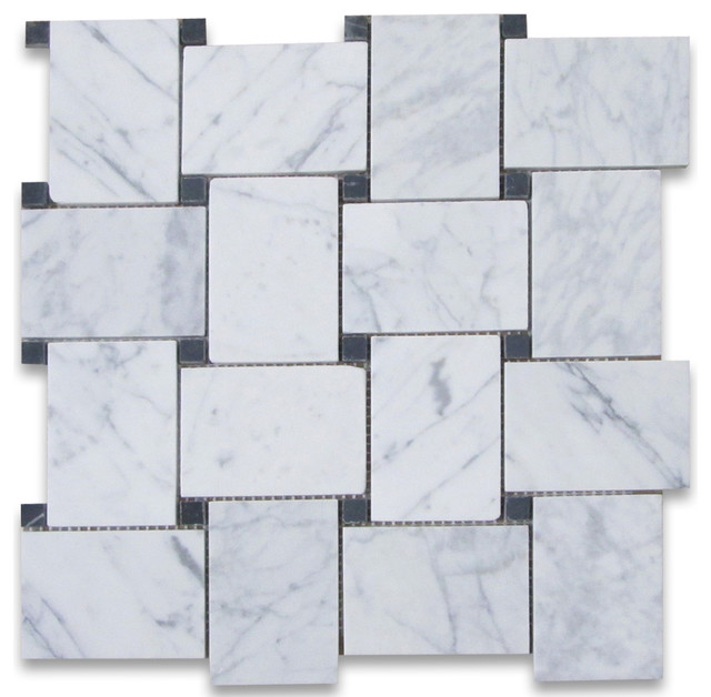 11"x11" Carrara White Large Basketweave Mosaic Tile With Black Dots