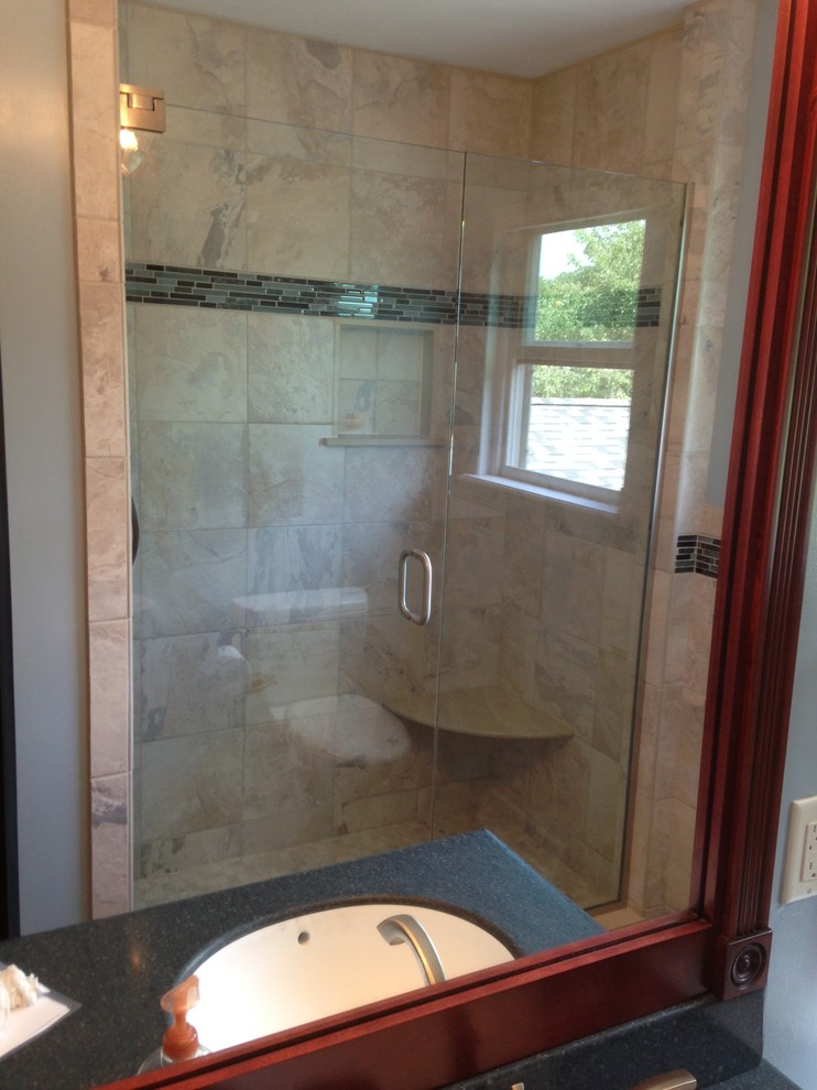 Inspiration for a transitional 3/4 beige tile and ceramic tile ceramic tile and beige floor alcove shower remodel with beige walls and a hinged shower door