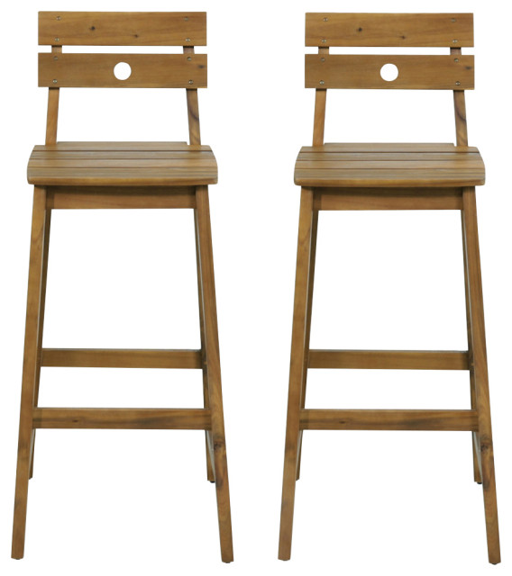 Munro Outdoor/Indoor Acacia Wood Backed Barstools, Set of 2, Teak