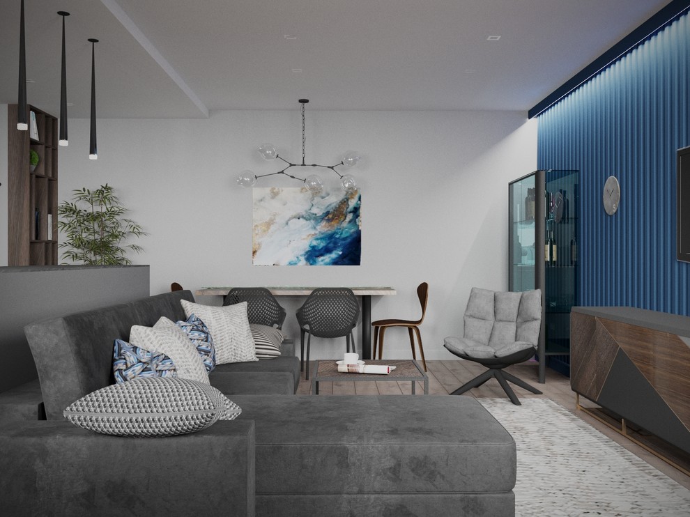 Кухня гостиная с синей стеной