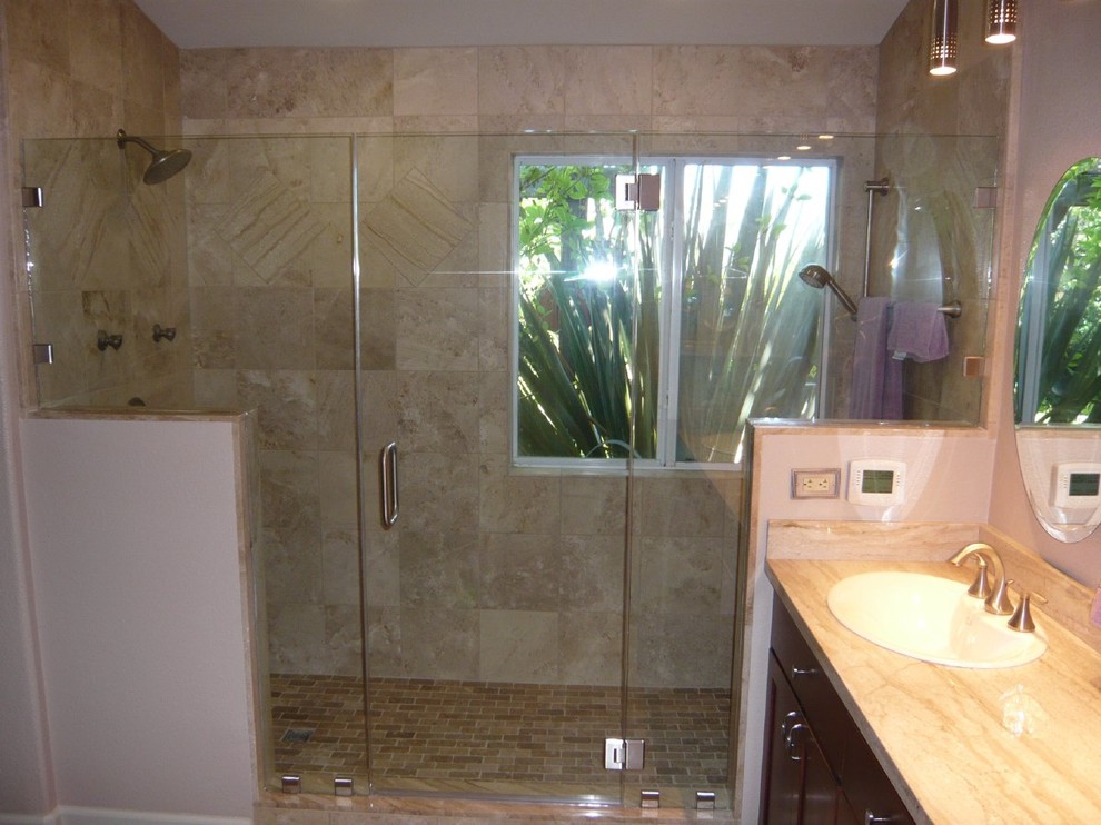 Inspiration for a large transitional master beige tile double shower remodel with beige walls