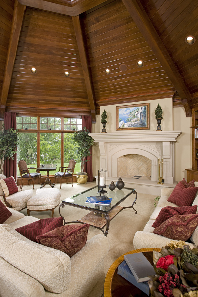 Traditional sunroom in Minneapolis with carpet, a tile fireplace surround and a standard ceiling.