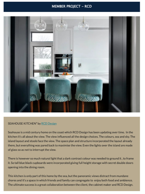 The article in the Interiors Association Newsletter April 2021 Seahouse Kitchen RCD Design