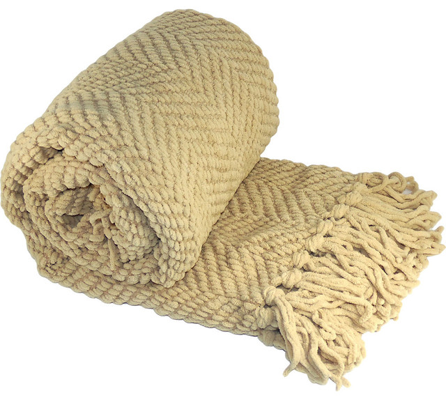 Tweed Knitted Throw Blanket, Light Camel Beige, 50"x60"
