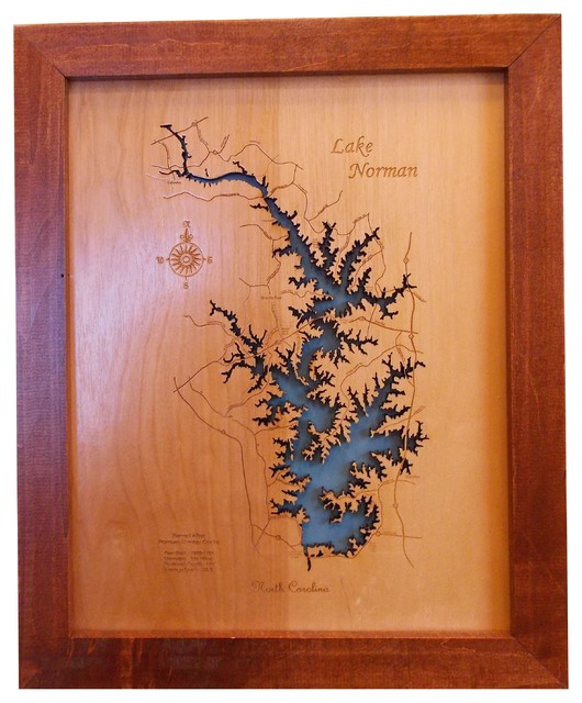 Wood Map Wall Hanging, Lake Norman North Carolina, Framed, Small, Small Rustic Novelty Signs