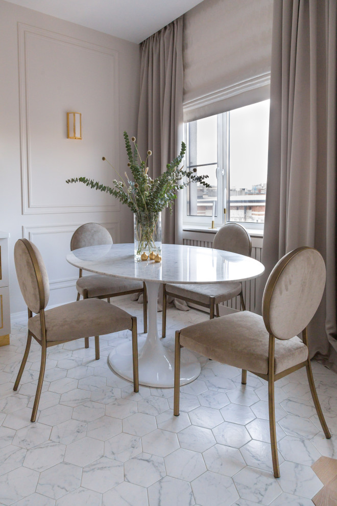 This is an example of a mid-sized contemporary dining room in Saint Petersburg with ceramic floors, white floor, beige walls and no fireplace.