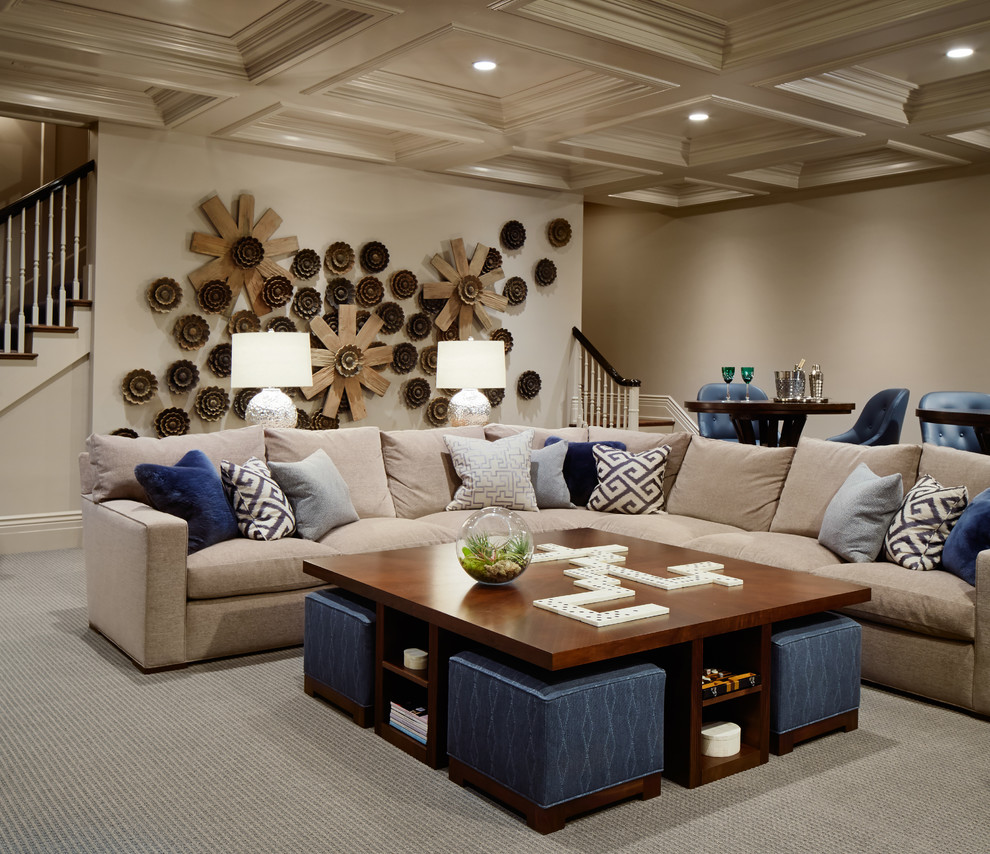 Design ideas for a large traditional enclosed family room in Chicago with carpet, beige walls and no fireplace.