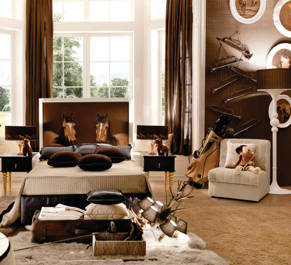 Inspiration for a large modern kids' room for boys in London with brown walls and carpet.