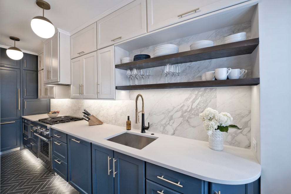 Design ideas for a small traditional single-wall enclosed kitchen in DC Metro with a submerged sink, shaker cabinets, blue cabinets, engineered stone countertops, white splashback, porcelain splashback, stainless steel appliances, ceramic flooring, no island, black floors and white worktops.