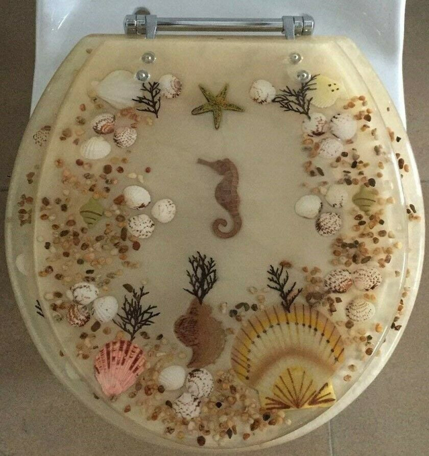 Jewel Seashell and Seahorse Resin Toilet Seat, Standard Round, Beige
