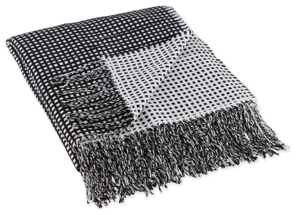 DII 50x60" Modern Acrylic Waffle Knit Throw With Fringe, Black and White
