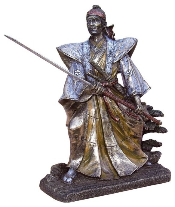 8 Inch "Samurai in Fighting Stance" Cold Cast Bronze Statue with Sword