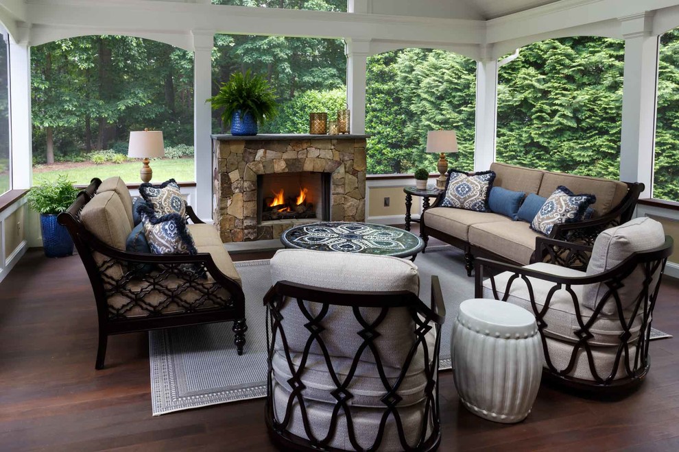 Inspiration for a large transitional backyard screened-in verandah in DC Metro with a roof extension.
