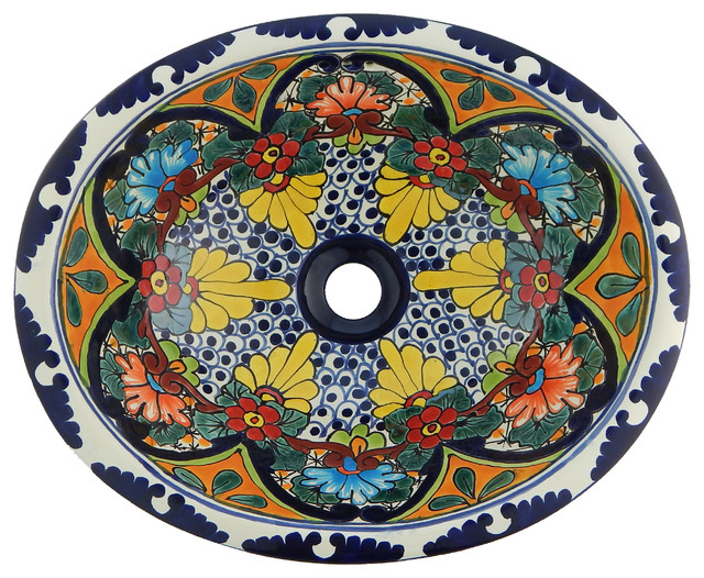 Mexican Talavera Ceramic Hand Painted Bathroom Oval Sink Southwestern