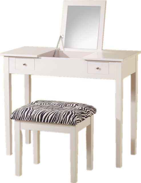 Modern White Lift Top Vanity Upholstered Stool Flexible Mirror Make Up Table