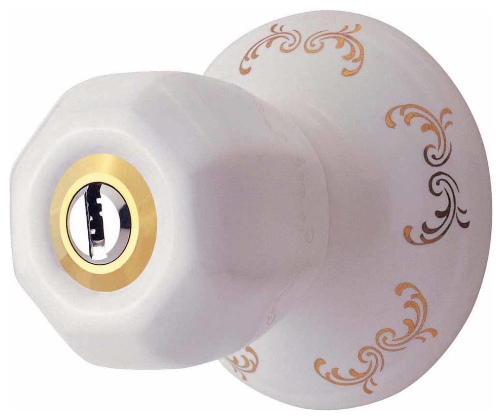 White and Gold Hexagonal Door Knob with Lock Porcelain Door Lock