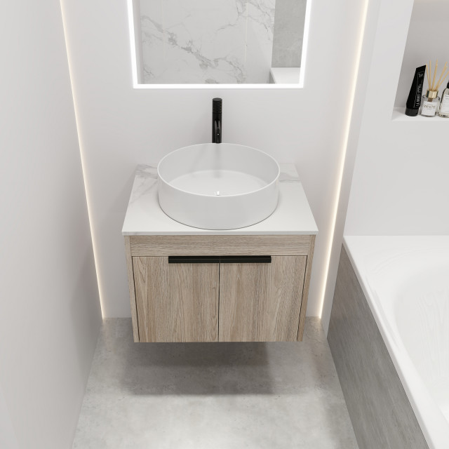 Wall-Mounted Bath Vanity, White Oak, White Ceramic Vessel Sink ...