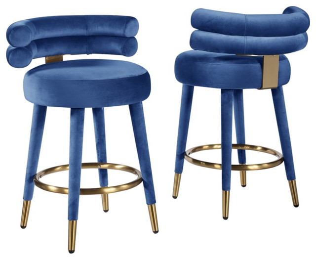 Louie Blue Velvet Counter Height Stool with Gold Trim (Set of 2) Bar