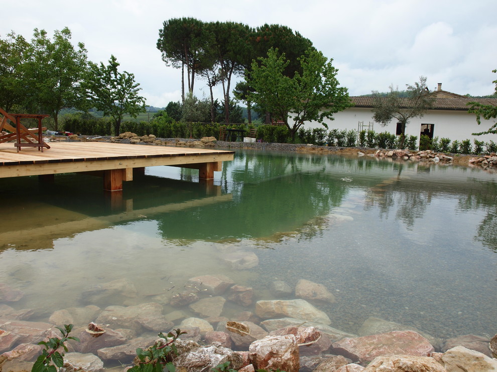 Large country custom-shaped natural pool in Florence with natural stone pavers.