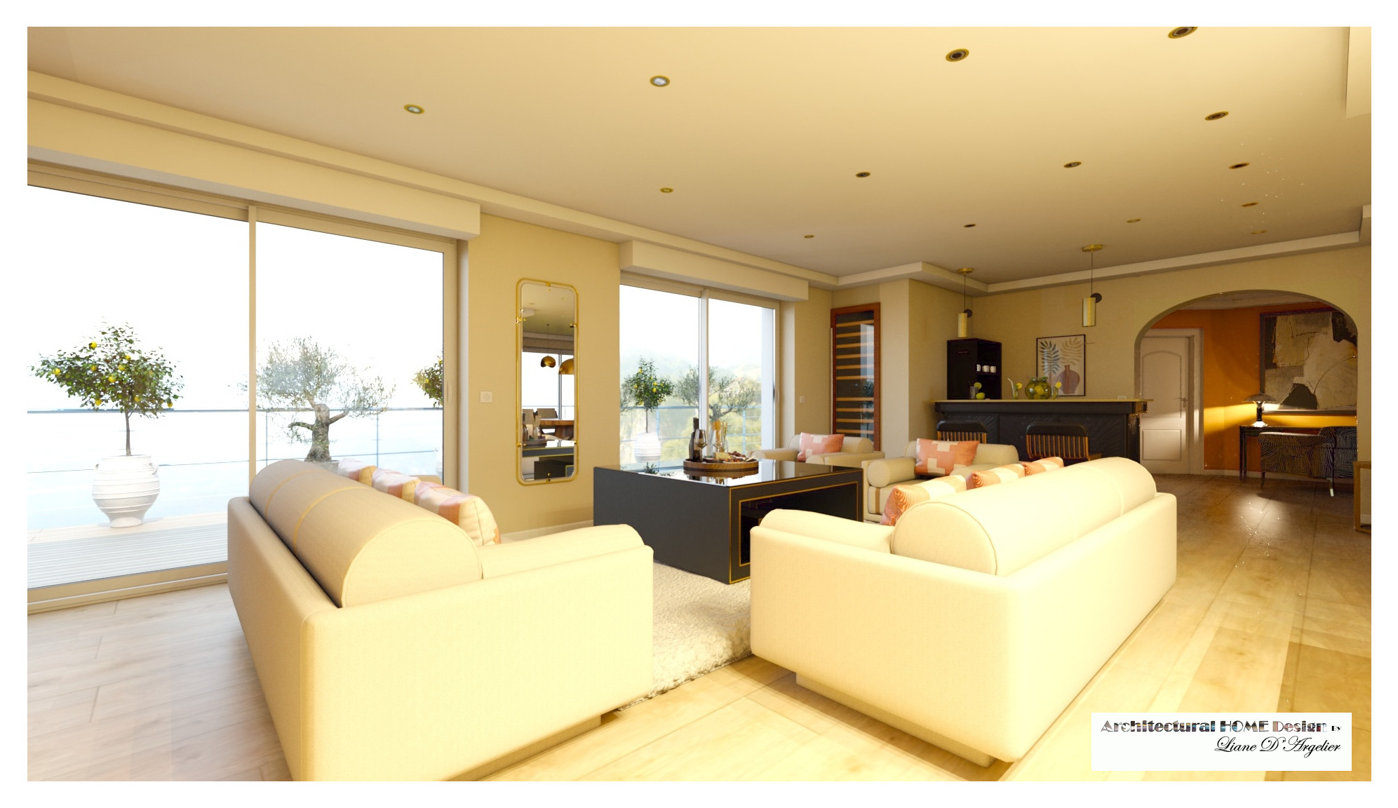Living 60 m² chic avec cuisine ouverte.