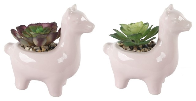 Pink Ceramic Llama Succulent, 2 Piece Set, 5.5"