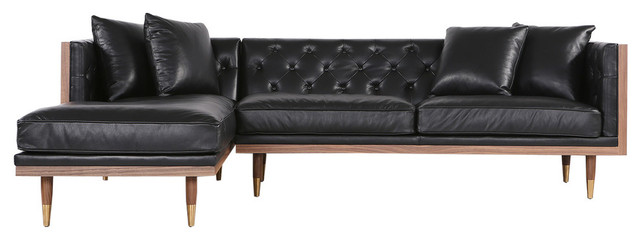 Kardiel Woodrow Neo Classic Sofa, Black Leather Mid Century Modern Sectional Sofa