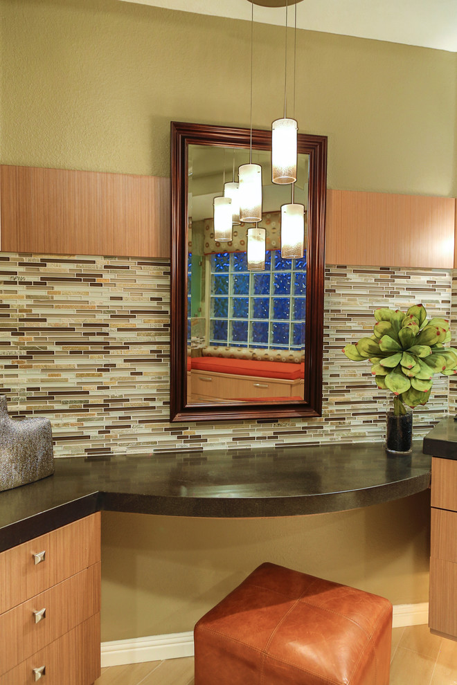 This is an example of a large contemporary master bathroom in Other with a vessel sink, flat-panel cabinets, light wood cabinets, granite benchtops, multi-coloured tile, mosaic tile, green walls, porcelain floors and beige floor.