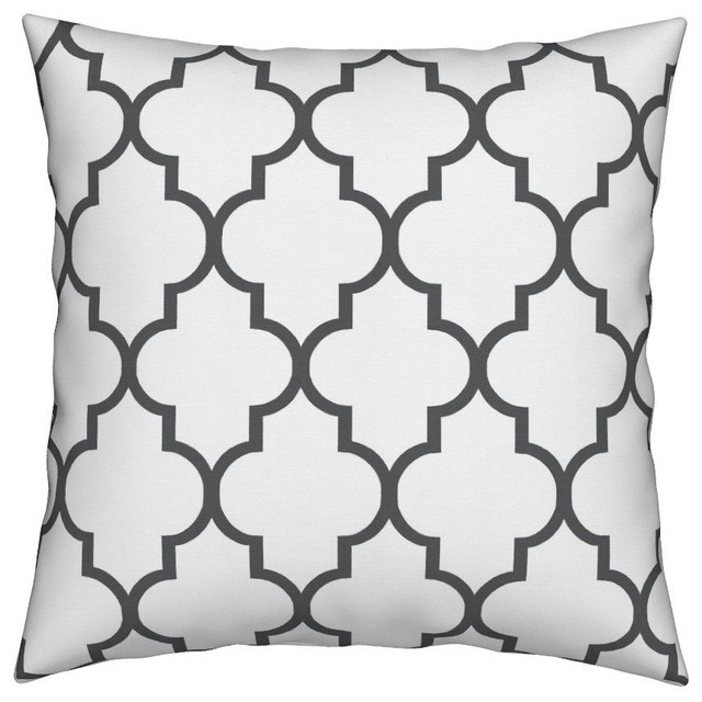 Charcoal Ogee Quatrefoil Geometric Gray White Throw Pillow Linen Cotton
