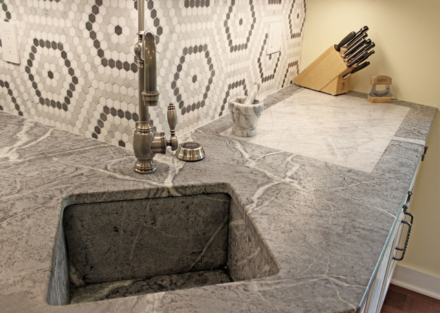 White Cabinets Grey Countertops And Edgy Tile Backsplash