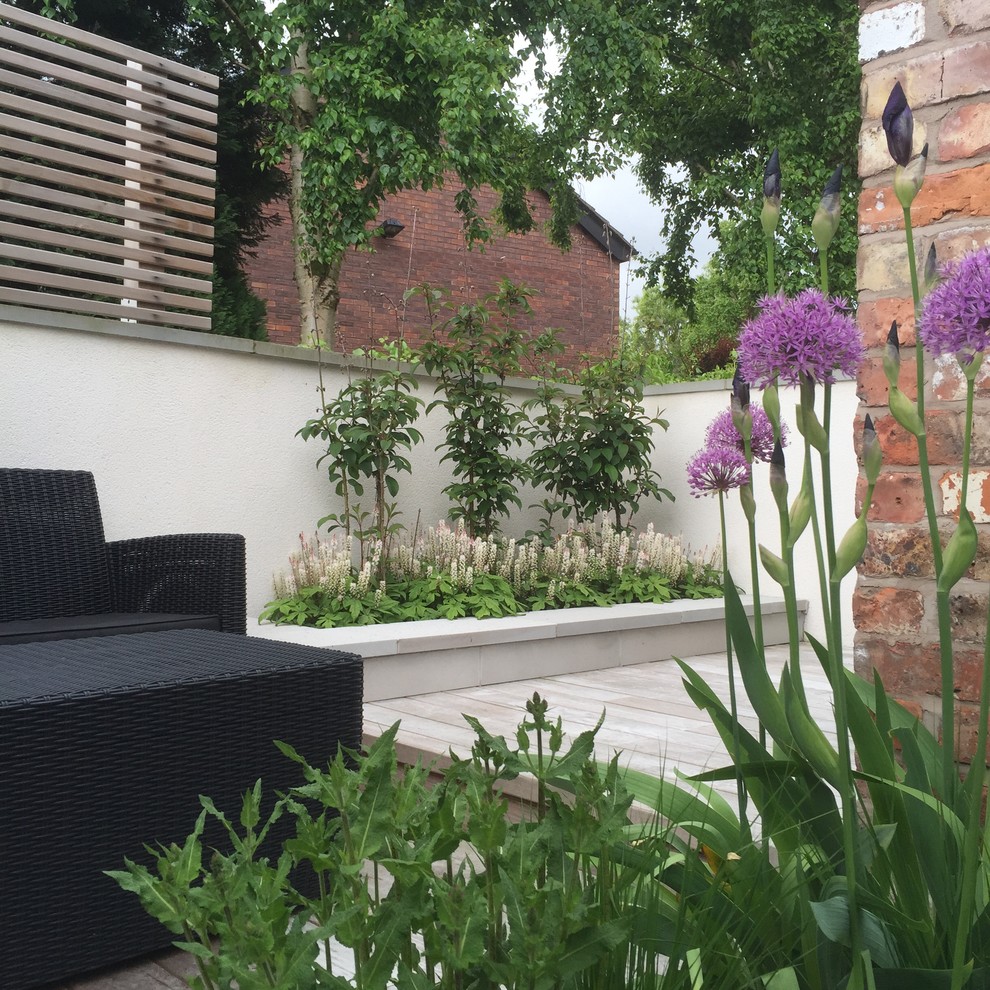 This is an example of a small contemporary courtyard formal garden in Manchester with a container garden and natural stone pavers.