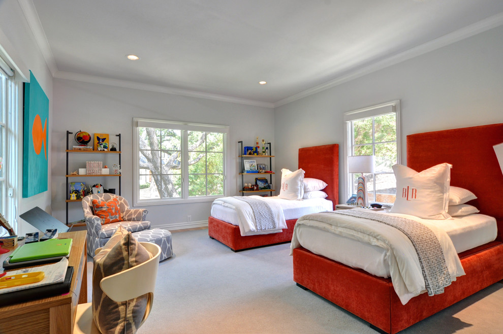 Photo of a contemporary kids' bedroom for kids 4-10 years old and boys in Dallas with grey walls, carpet and beige floor.