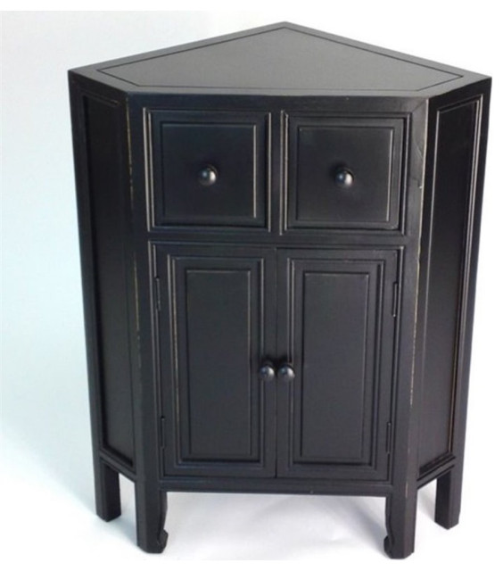 Bowery Hill 2Drawer Pine Wood Corner Accent in Antique Black