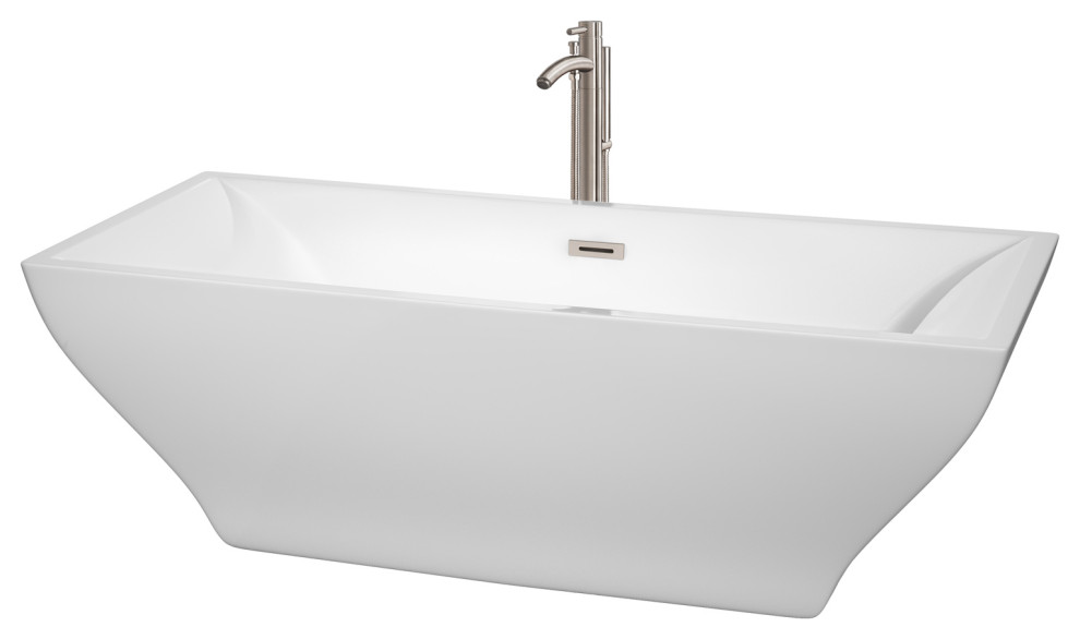 Maryam 71" Freestanding White Bathtub, Brushed Nickel Tub Filler & Trim Kit