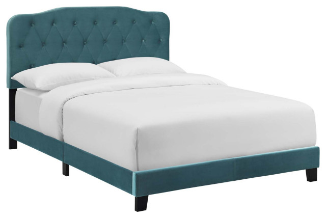 Amelia Queen Upholstered Velvet Bed, Sea Blue