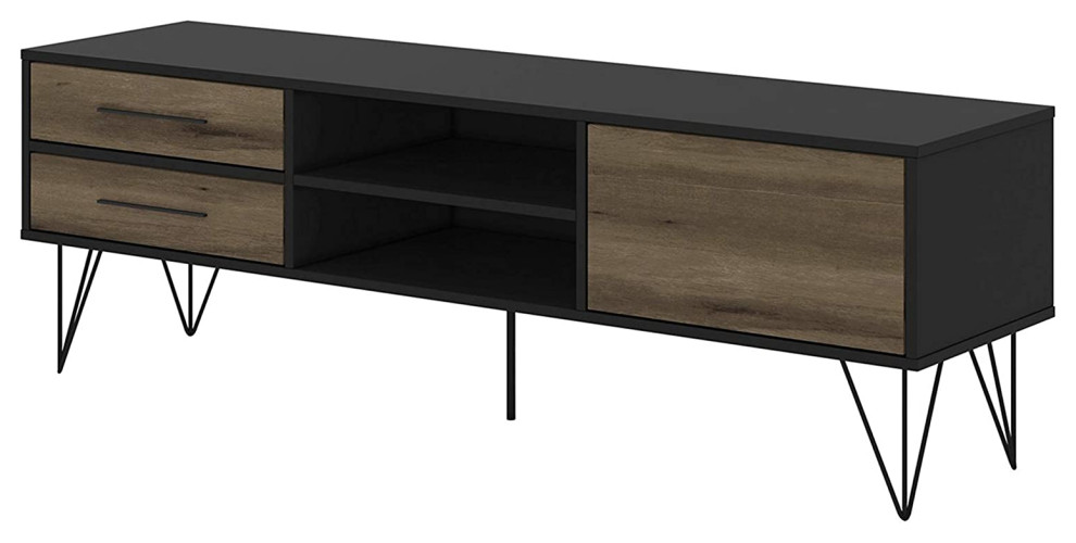 Transitional TV Stand, Hairpin Legs and 2 Open Compartments, Brown and