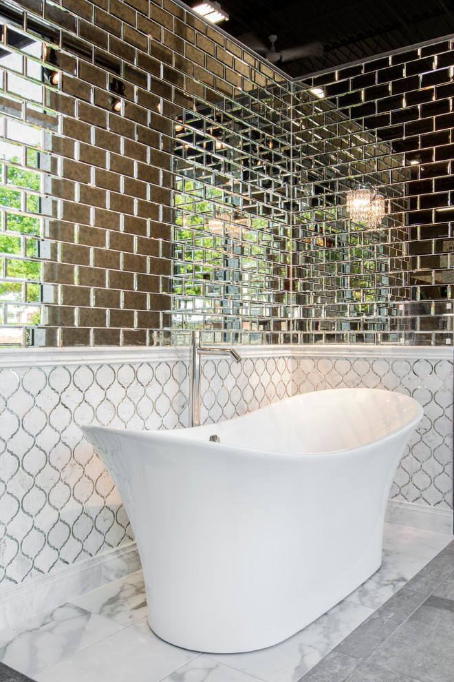 Inspiration for a traditional bathroom in Atlanta with white tile, an open shower, ceramic tile, grey walls and concrete floors.