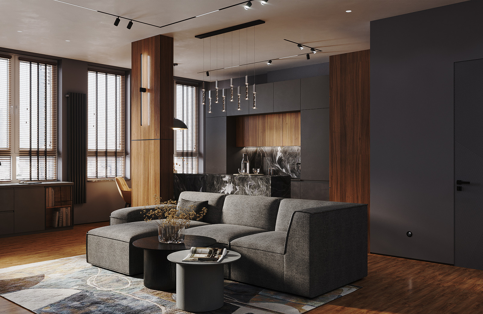 Минималистичная квартира в темных тонах.дизайн гостиной