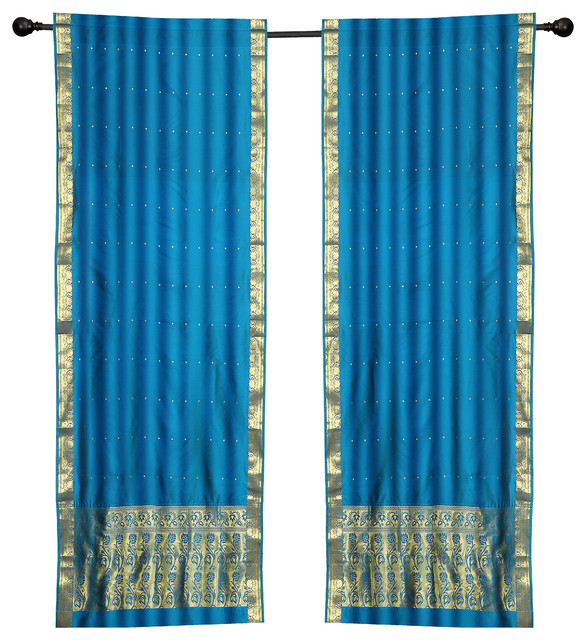 2 Boho Blue Indian Sari Curtains Rod Pocket Window Panels Drapes