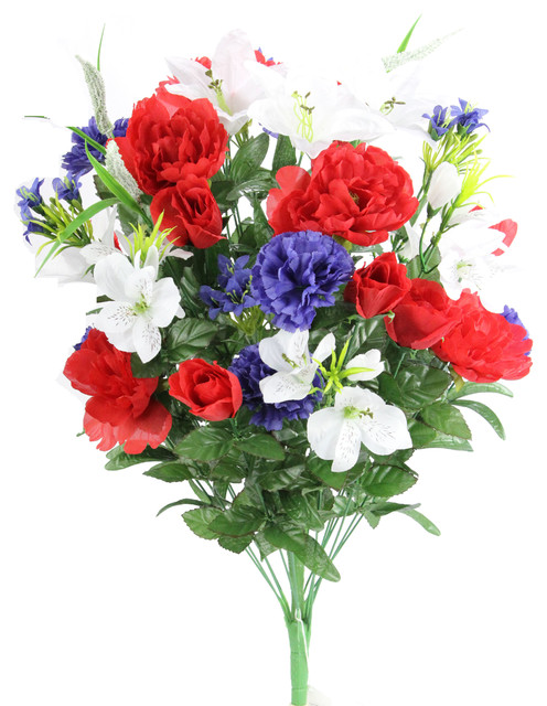 40 Stem Artificial Full Blooming Lily Rose Bud Carnation Red White Blue