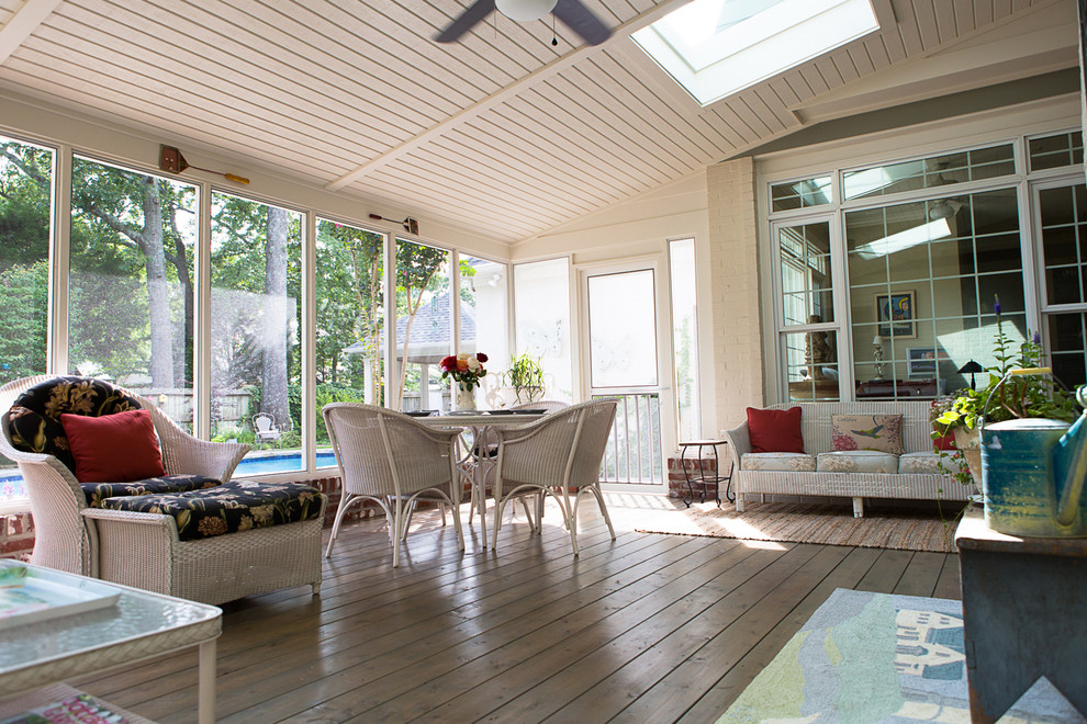 Design ideas for a mid-sized traditional sunroom in Other with dark hardwood floors and a skylight.