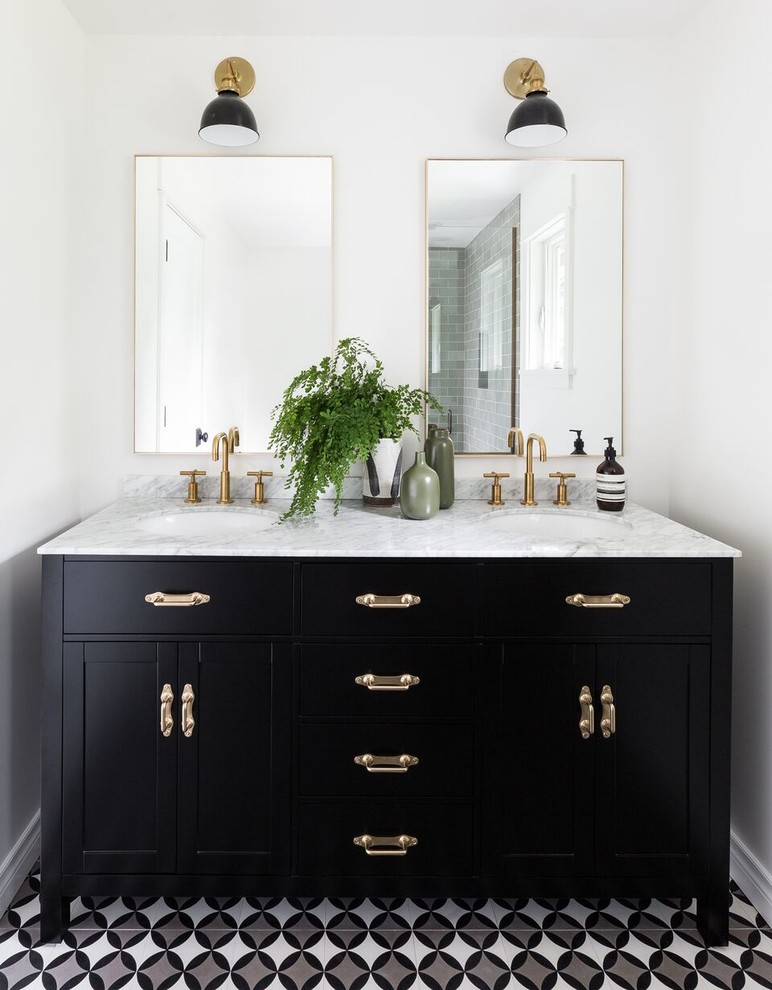 Photo of a transitional master bathroom in Seattle with recessed-panel cabinets, black cabinets, white walls, an undermount sink and multi-coloured floor.
