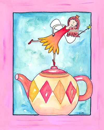 Harlequin Teapot Fairy with Pink Border, Ready To Hang Canvas Kid's Wall Decor