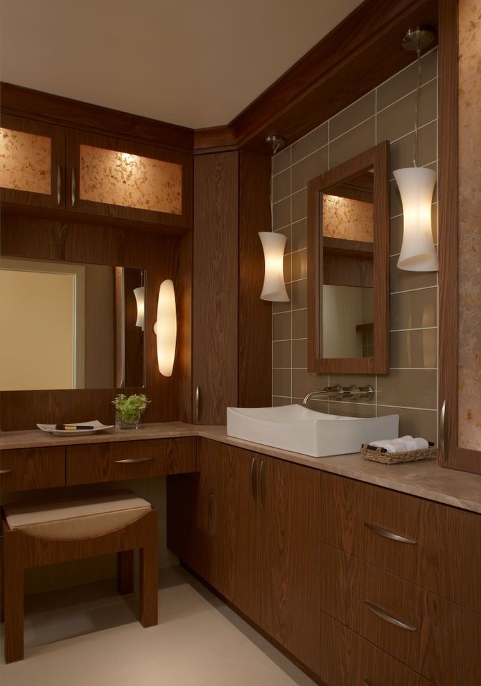 Photo of a contemporary bathroom in Detroit with subway tile and a vessel sink.