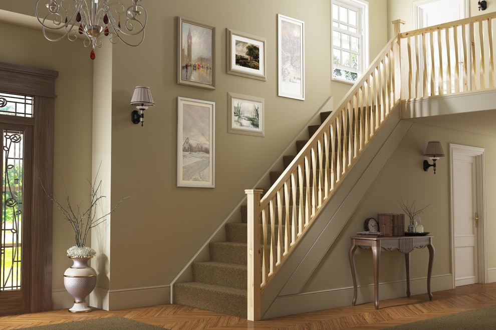 This is an example of a contemporary carpeted straight staircase with carpet risers and wood railing.