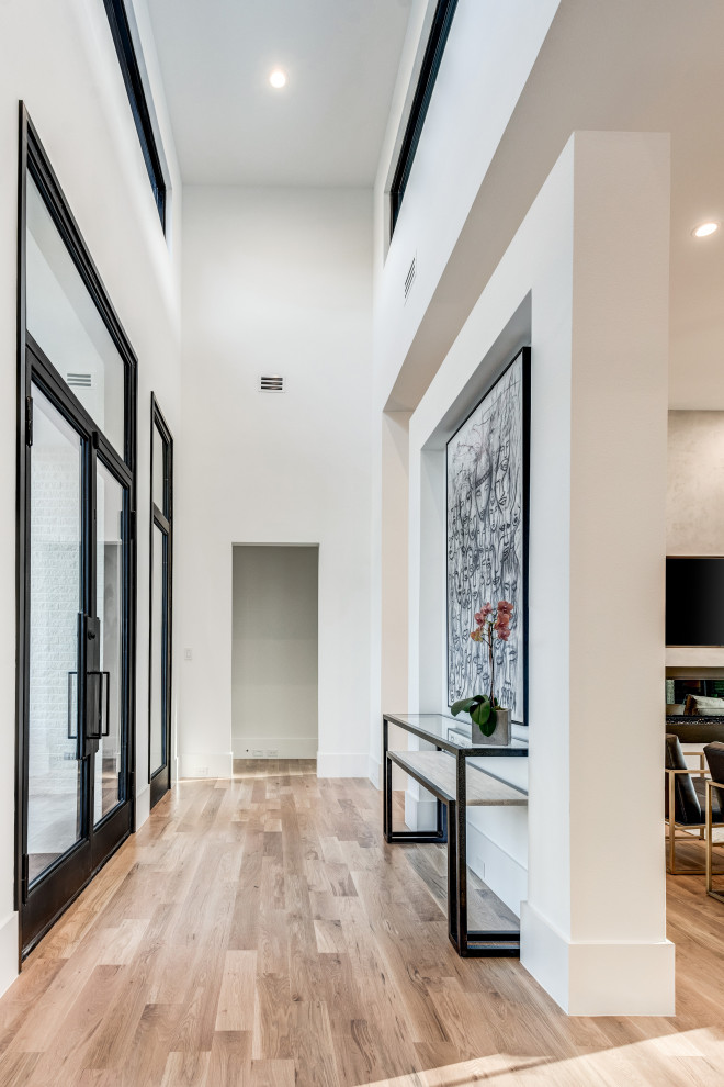 Inspiration for a mid-sized modern front door in Dallas with white walls, light hardwood floors, a double front door, a black front door and white floor.