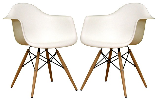 Baxton Studio Fiorenza White Plastic Armchairs with Wood Eiffel Legs, Set of 2