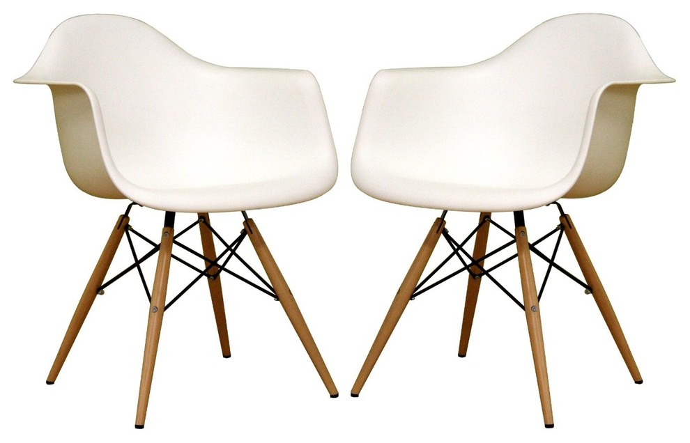 Baxton Studio Fiorenza White Plastic Armchairs with Wood Eiffel Legs, Set of 2
