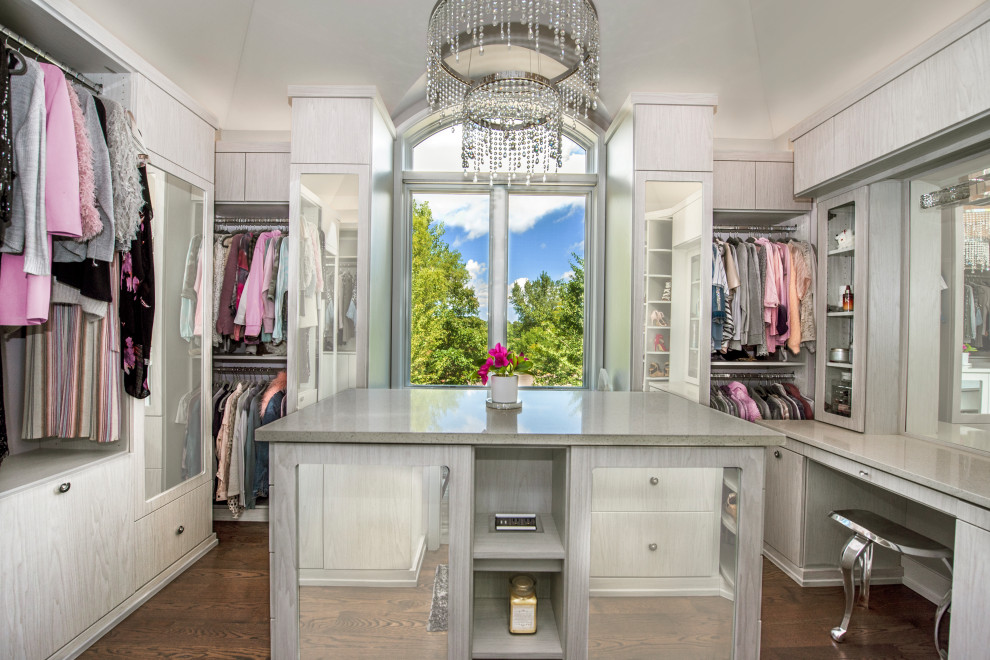Inspiration for a medium sized classic walk-in wardrobe for women in Chicago with flat-panel cabinets, light wood cabinets, medium hardwood flooring, brown floors and a vaulted ceiling.